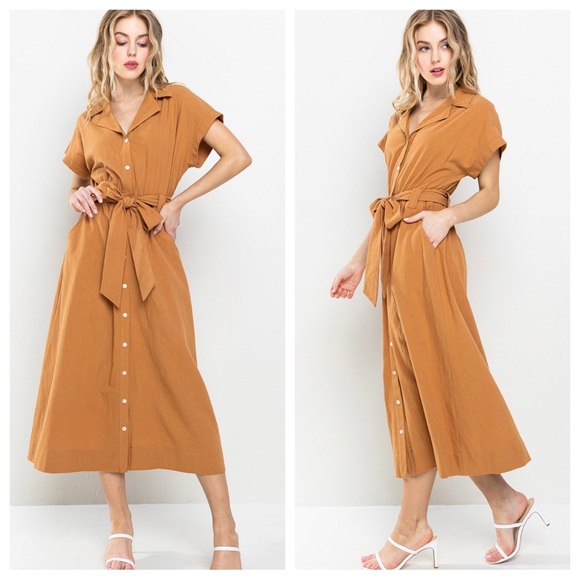 10 Boho Solid Linen Self Tie Waist Long Dress - Picture 3 of 4